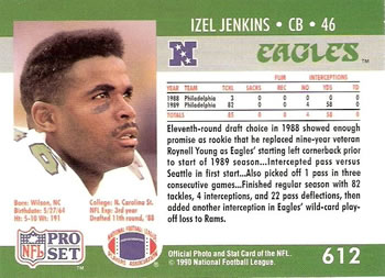 1990 Pro Set #612 Izel Jenkins Back