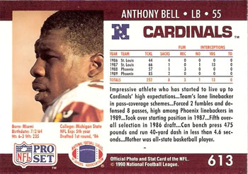1990 Pro Set #613 Anthony Bell Back