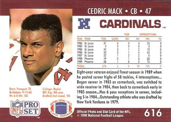 1990 Pro Set #616 Cedric Mack Back