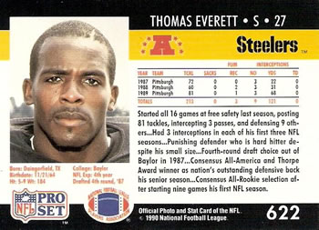 1990 Pro Set #622 Thomas Everett Back