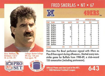 1990 Pro Set #643 Fred Smerlas Back