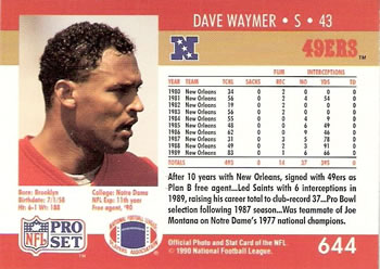 1990 Pro Set #644 Dave Waymer Back
