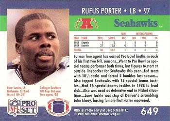 1990 Pro Set #649 Rufus Porter Back