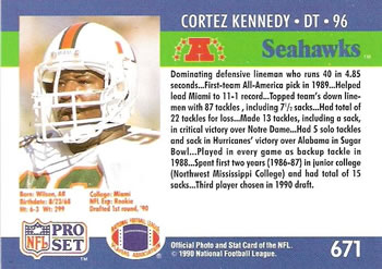 1990 Pro Set #671 Cortez Kennedy Back