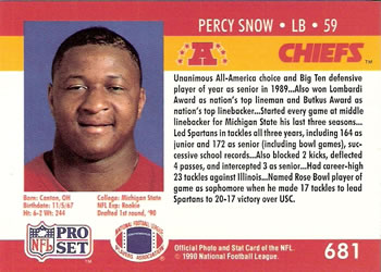 1990 Pro Set #681 Percy Snow Back