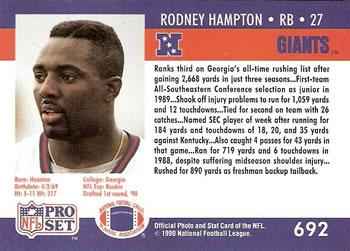 1990 Pro Set #692 Rodney Hampton Back