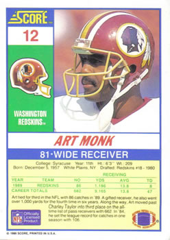 1990 Score #12 Art Monk Back