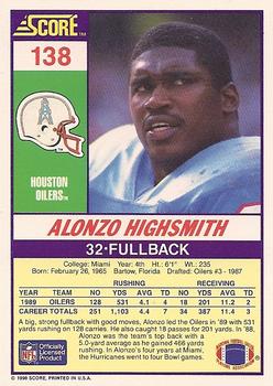 1990 Score #138 Alonzo Highsmith Back