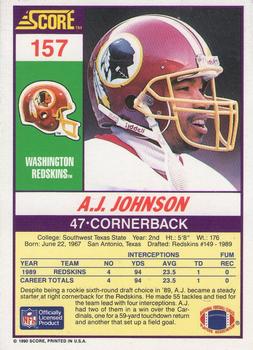 1990 Score #157 A.J. Johnson Back