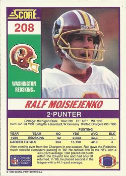 1990 Score #208 Ralf Mojsiejenko Back