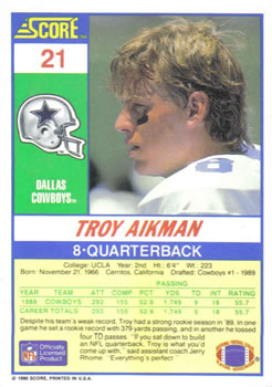 1990 Score #21 Troy Aikman Back