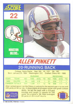 1990 Score #22 Allen Pinkett Back