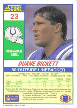 1990 Score #23 Duane Bickett Back