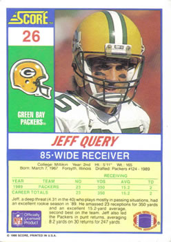 1990 Score #26 Jeff Query Back