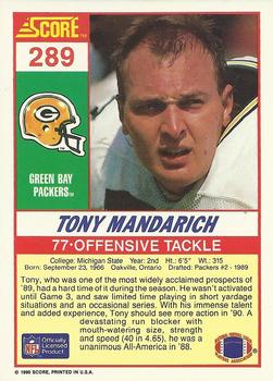 1990 Score #289 Tony Mandarich Back