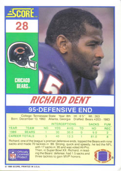 1990 Score #28 Richard Dent Back