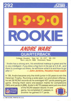 1990 Score #292 Andre Ware Back