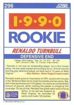 1990 Score #296 Renaldo Turnbull Back