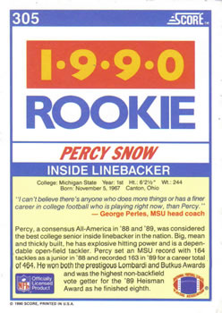 1990 Score #305 Percy Snow Back