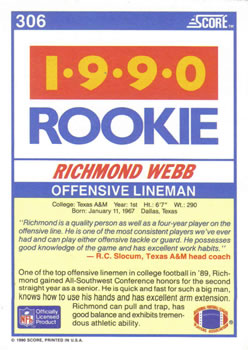 1990 Score #306 Richmond Webb Back