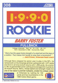 1990 Score #308 Barry Foster Back