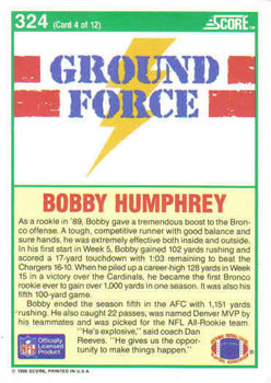 1990 Score #324 Bobby Humphrey Back