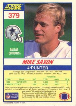 1990 Score #379 Mike Saxon Back