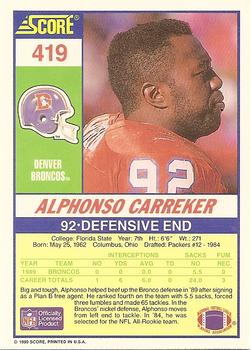 1990 Score #419 Alphonso Carreker Back