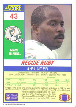 1990 Score #43 Reggie Roby Back