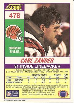 1990 Score #478 Carl Zander Back