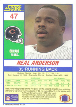 1990 Score #47 Neal Anderson Back