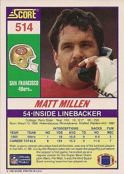 1990 Score #514 Matt Millen Back