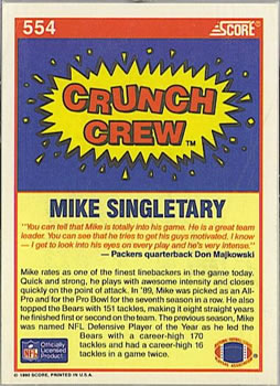 1990 Score #554 Mike Singletary Back