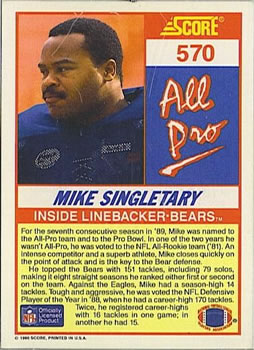1990 Score #570 Mike Singletary Back