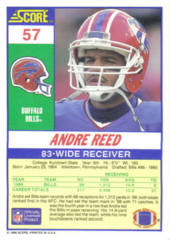 1990 Score #57 Andre Reed Back