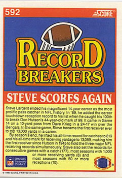 1990 Score #592 Steve Largent Back