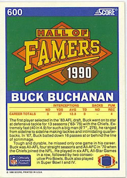1990 Score #600 Buck Buchanan Back