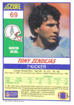 1990 Score #69 Tony Zendejas Back
