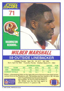 1990 Score #71 Wilber Marshall Back