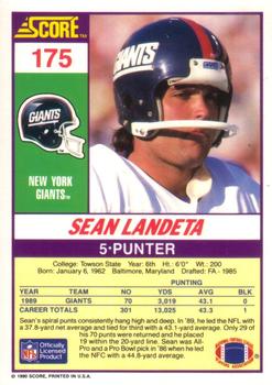 1990 Score #175 Sean Landeta Back