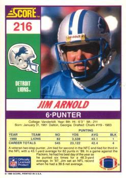 1990 Score #216 Jim Arnold Back