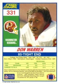 1990 Score #331 Don Warren Back