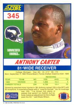 1990 Score #345 Anthony Carter Back