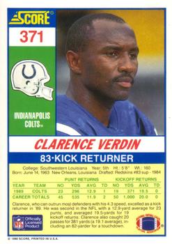 1990 Score #371 Clarence Verdin Back