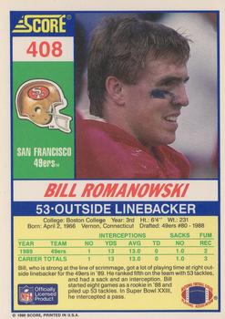 1990 Score #408 Bill Romanowski Back