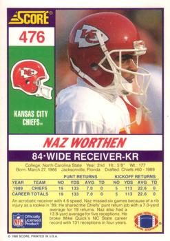 1990 Score #476 Naz Worthen Back