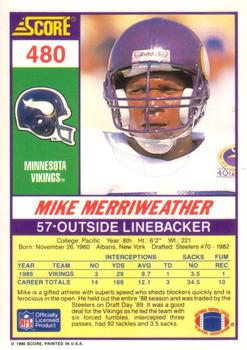 1990 Score #480 Mike Merriweather Back