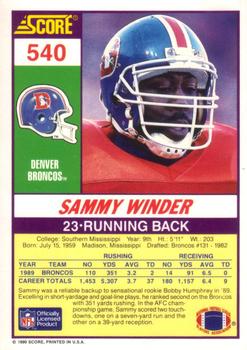 1990 Score #540 Sammy Winder Back