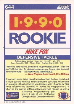 1990 Score #644 Mike Fox Back