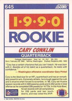 1990 Score #645 Cary Conklin Back